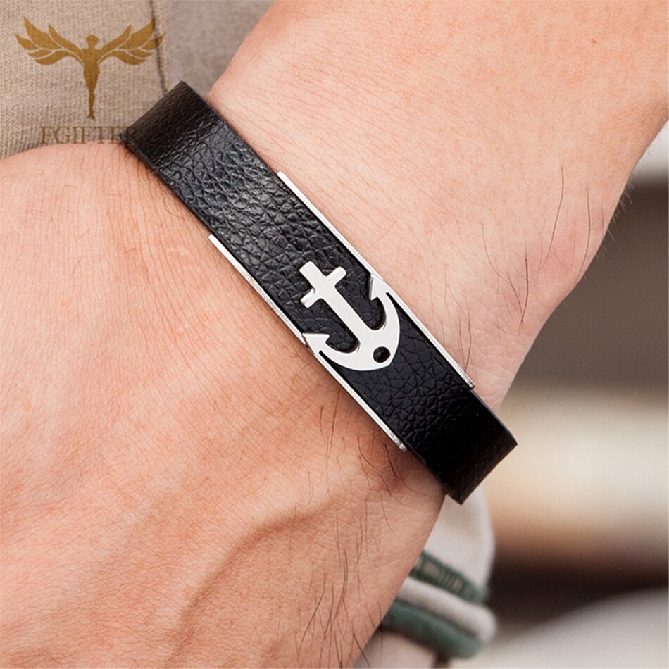 Neue Edelstahl Anker Armbänder Fesseln Schwarz Leder Armbinde Männer Sport Armbinde Schmuck