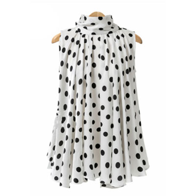 Sommer 2025, ärmellose Damenbluse, übergroß, gepunktet, Rollkragen, Krawatte, Schleife, lockeres Chiffon-Top, weibliches Hemd: XXL
