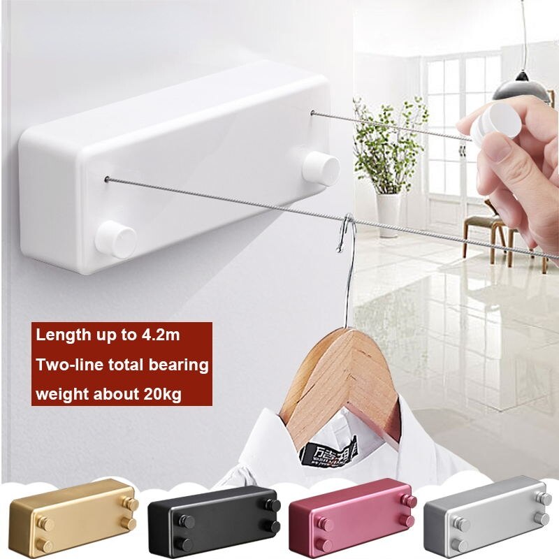 4.2M Double Row Clothesline Wall Mounted Retractable Clothes Dryer Steel Rope Wall Hanger Laundry Dryer Indoor Clothes Line