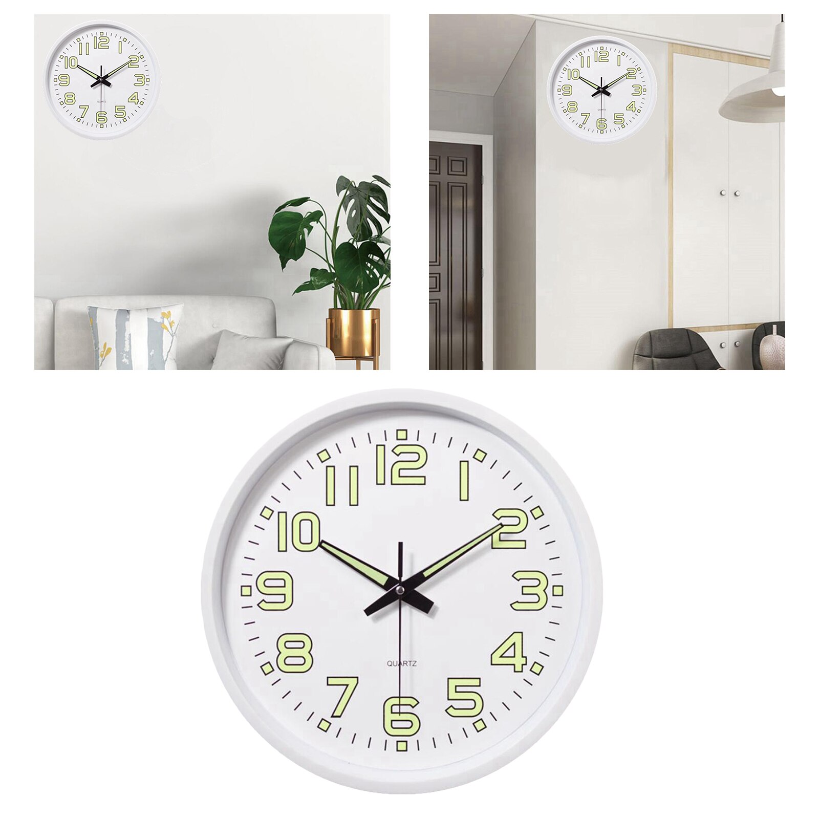 12 Inch Wall Clock with Night Light Large Display Quartz Wall Clocks for Indoor/Outdoor Living Room: White