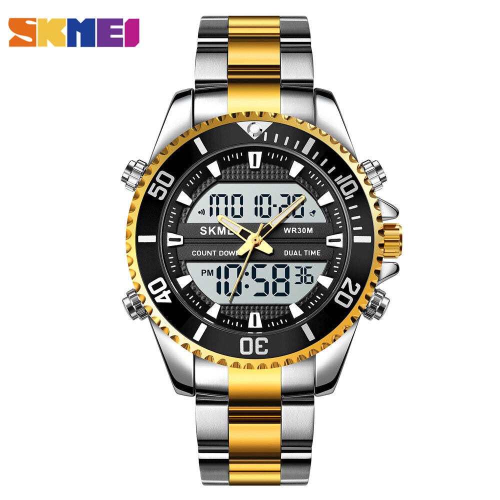 Skmei Dual Display Horloges Heren Mode Digitale Horloges Chrono Alarm Mannen Klok Waterdichte Rvs Relogio Masculino: silver gold