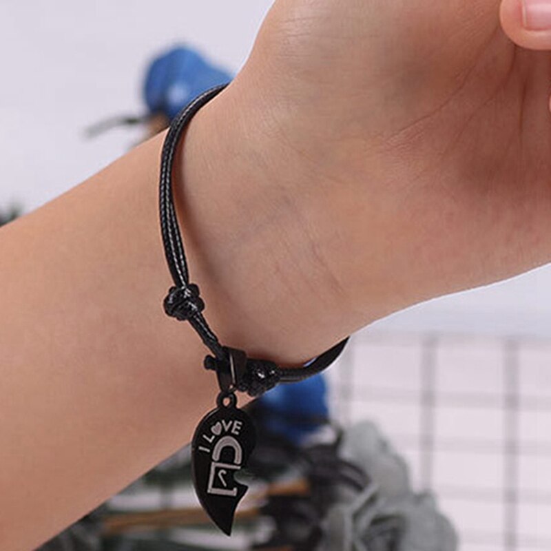 Couple Bracelets for Women and Men Heart Black Stainless Steel Key Lock Two Halves Paired Bracelet Jewelry 2PCs/set