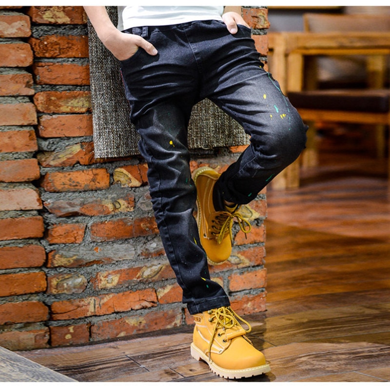 Modieuze Jeans Voor Jongens Kinderkleding Jongen Jeans 100% Katoen Mode Verf Punt Elastische Rechte Jongen Cowboy Broek