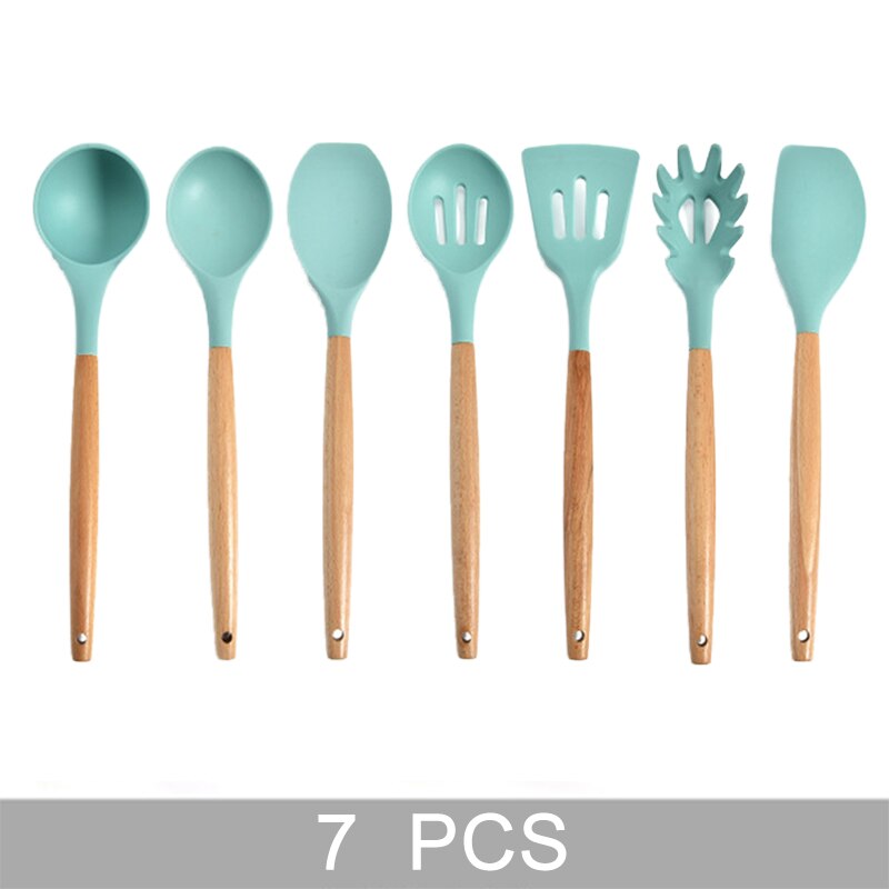 Green Silicone Kitchen Utensils Set Heat Resistant Nonstick Baking Cooking Tools 2/3/4/5/6/7/8/9 PCS Kitchenware Accessories: 7 PCS