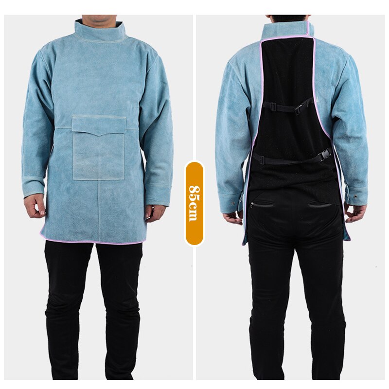 Cowhide Work Clothes Apron Welding Protective Clothing Heat and Fire Resistant Welders Safety Clothing Welding Apron: Short collar / blue 85cm