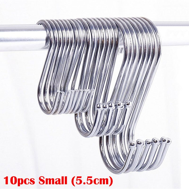 10pcs Stainless Steel S-Shape Hooks Kitchen Bedroom Black Silver Railing S Hanger Hook Clasp Holder Hooks Hanging Storage Tools: 10pcs Silver (S)