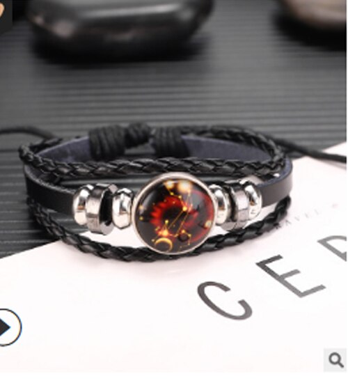 Læderarmbånd til kvinder rustfrit stål par armbånd kæde tolv konstellationer mænd armbånd mandlig tilbehør boho smykker: Leo