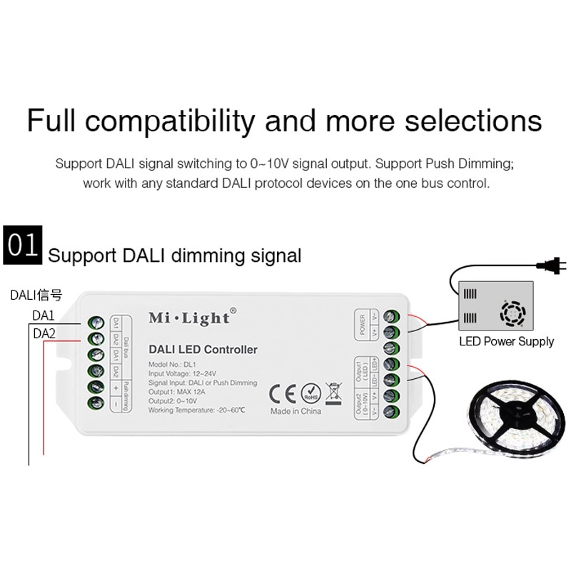 MiBOXER DL1 DALI LED Controller DC12~24V Input Signal DALI Dimming Signal/Push dimming;Max 12A; Single color led strip dimmer