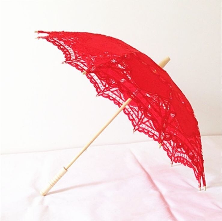 Parasol White Lace Cotton Cute Wedding Victorian Bridal Umbrella Handmade Red