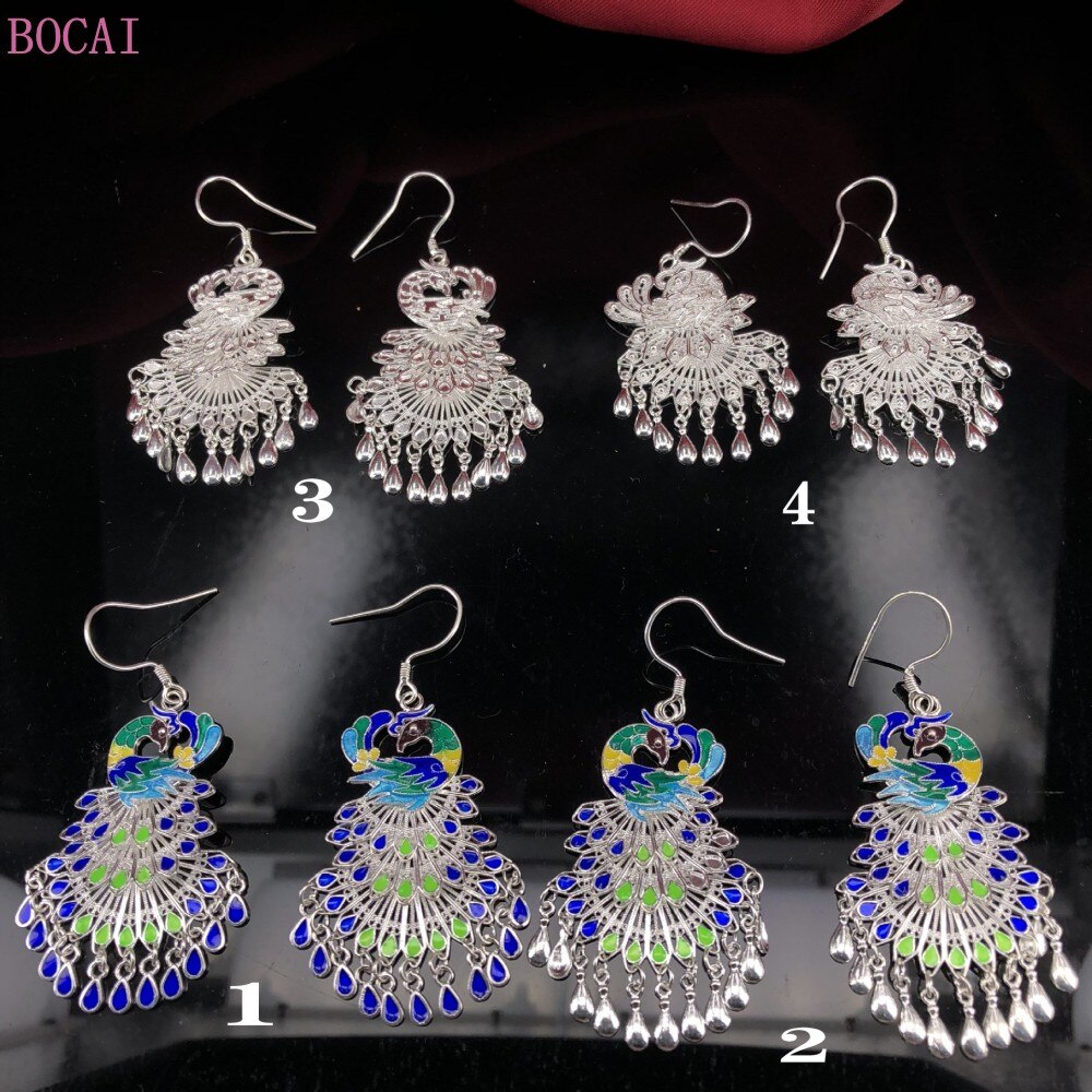 S990 reinem silber Cloisonné pfau Phönix ohr tropfen ohrbüGel reine Hand gebürstet nationalen ohrringe für frauen