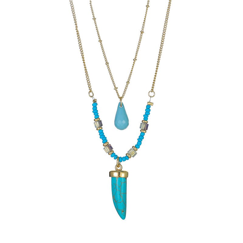 XIALUOKE Bohemia Acrylic Stone Pendant Double Necklace For Women Retro Blue Glass Tassel Sweater Chain Jewelry