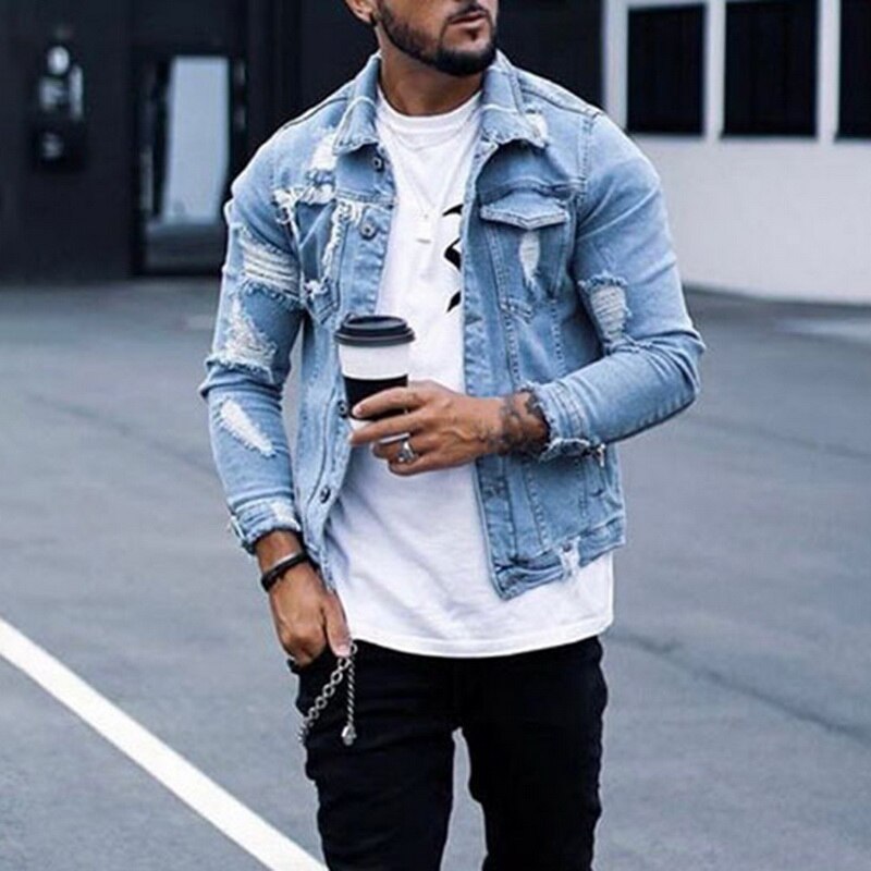 Kort denim jakke herre knapp opp strøk streetwear hullrevet jean jakke hofte jakke motorsykkel jakke menn lommer