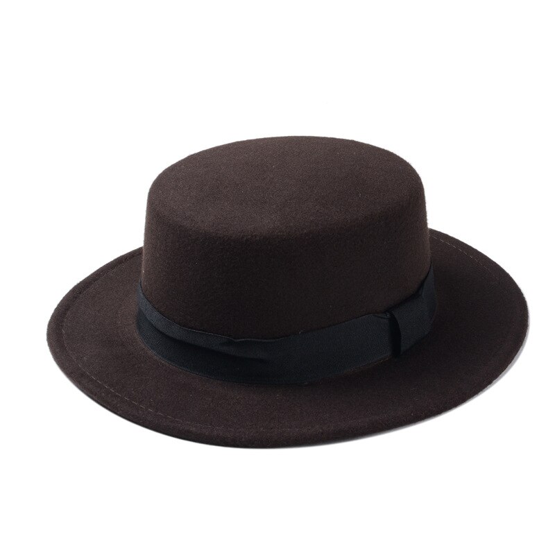 Sombrero plano de lana para mujer, Boater de ala ancha de fieltro, Fedora, Laday Prok Pie, Chapeu de Feltro, Bowler, jugador,: Coffee