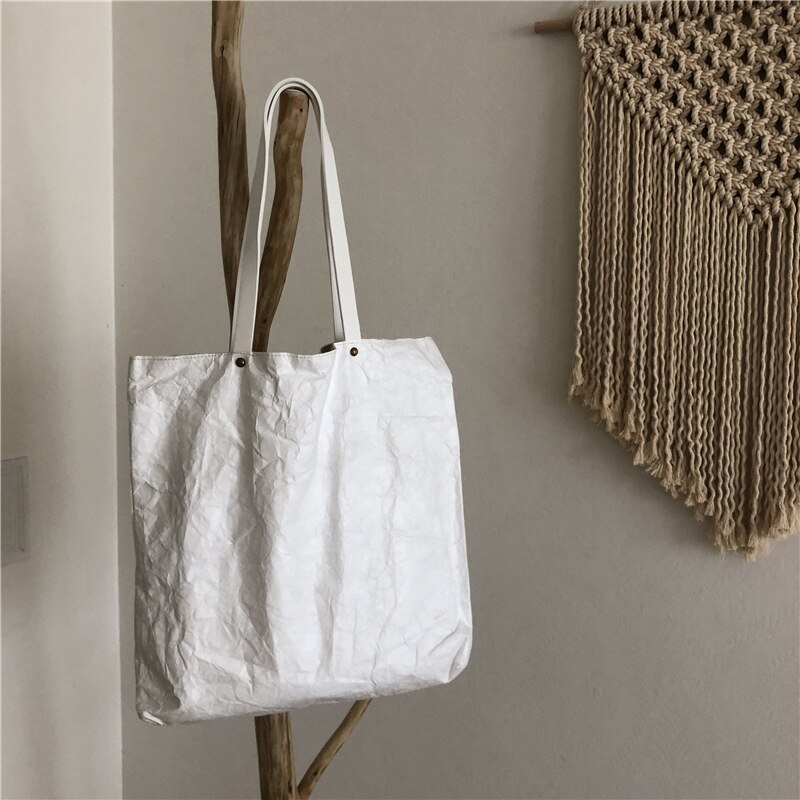 Dupont papir tote taske enkelt skulder håndtaske vaskbar tyvek kraft papir indkøbspose med bomuld hør for: Hvid