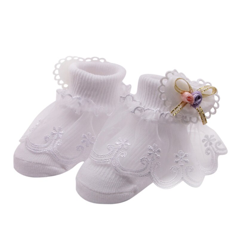 Cute Baby Girl Socks Cotton sweat absorbent non - slip socks With Lace Bow Floral Print Socks Princess Children Socks: white
