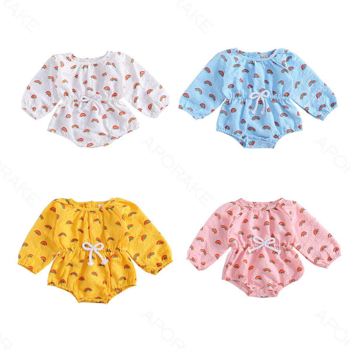 Focusnorm 0-18m schattige baby meisjes jongens bodysuits lange mouwen regenboog print katoenen jumpsuit eendelig 4 kleuren
