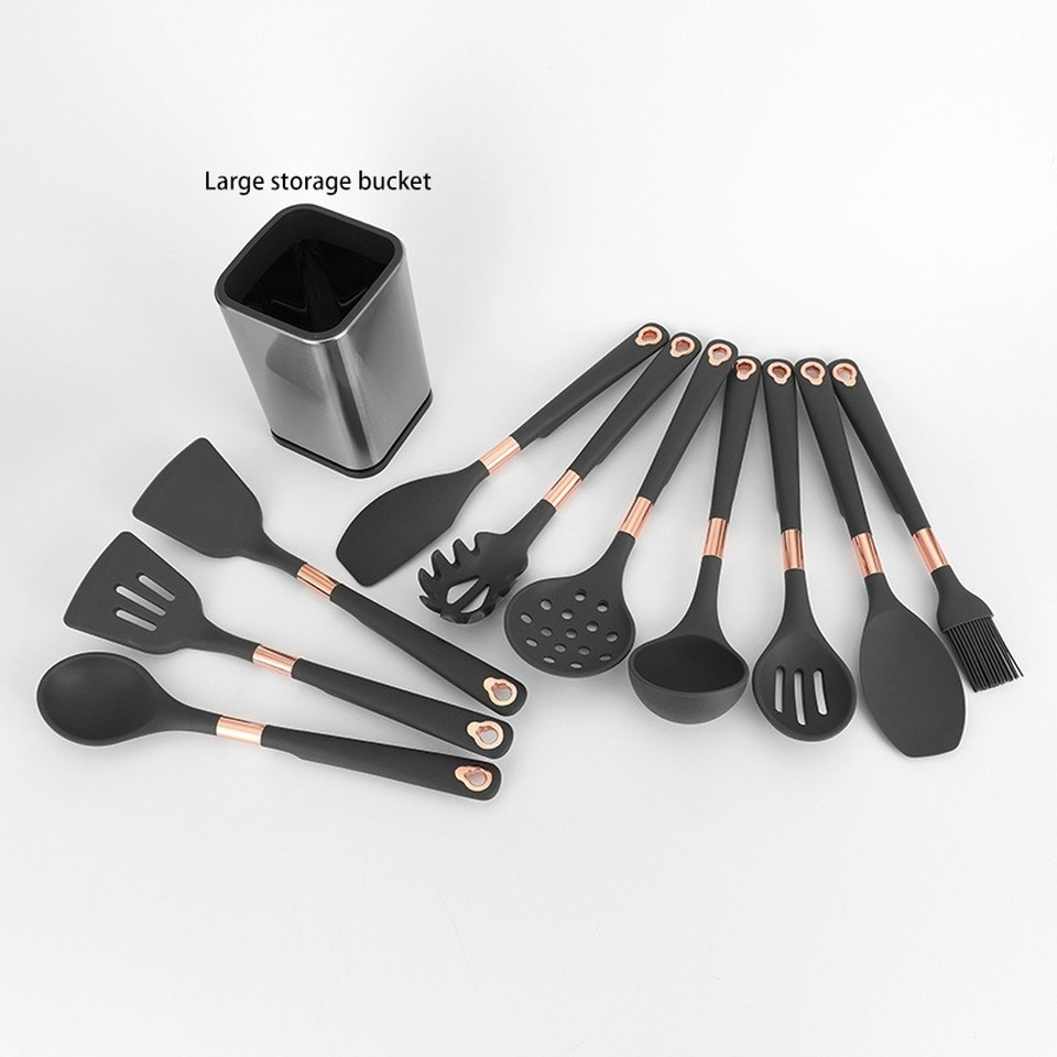 Silicone Kitchenware Set Cooking Tools Rose Gold-plated Simple Hanging Hole Easy To Store Kitchen Utensils Accessories Non-Stick: 11PCS