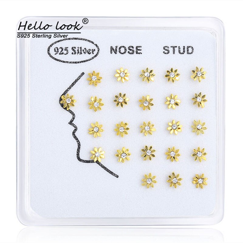 Hellolook 24 Stks/set 925 Sterling Zilveren Neus Piercing Studs Gold Zon Bloem Neus Studs Voor Vrouwen Meisje Piercing Sieraden: gold