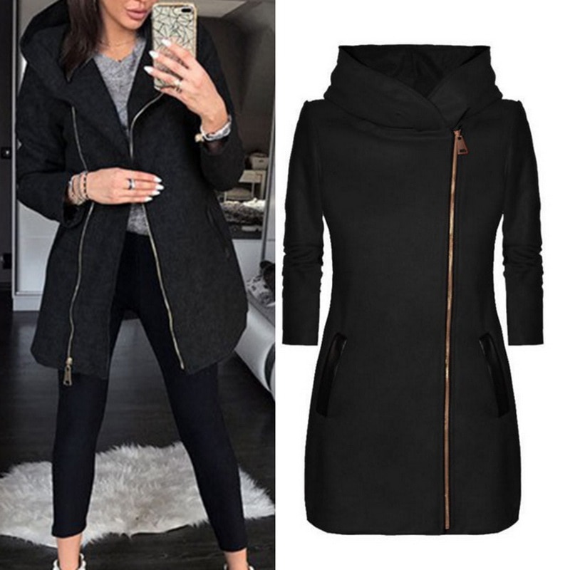 Herfst Winter Capuchon Dame Effen Kleur Lange Mouw Rits Sweatshirt Jas Vrouwelijke Mode Toevallige Slanke Uitloper Jas