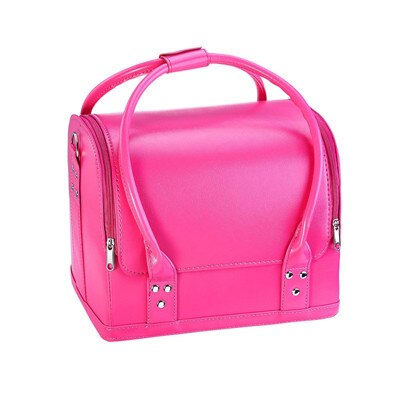 Pu läder kosmetisk låda kvinnor flera lager nagelkonst sminklådor stor kapacitet sminkpåse toalettartiklar: Ros röd-a