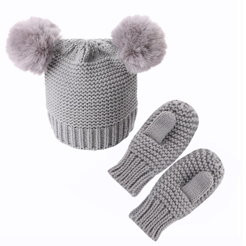 freundlicher Mädchen Jungen Handschuhe Baby Winter warm Häkeln betroffen Hütte Mütze Kappe + Handschuhe einstellen 67JC: grau