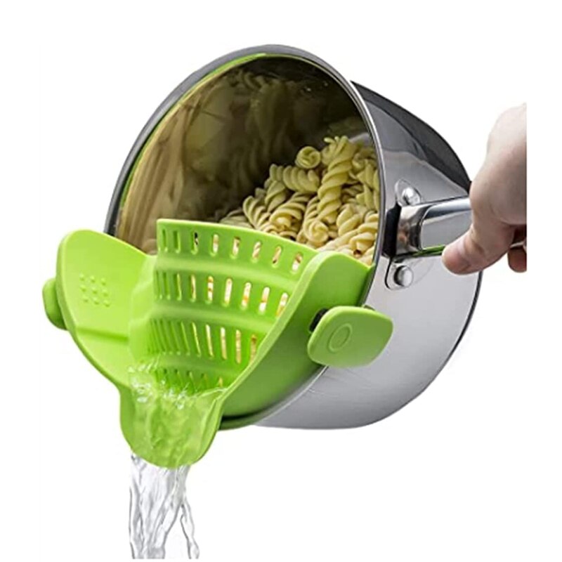 Adjustable Silicone Clip On Strainer Food Grade Heat Resistant Pot Drain Pan Strainer Liquid Drainer Kitchen Colander Strainer: Green