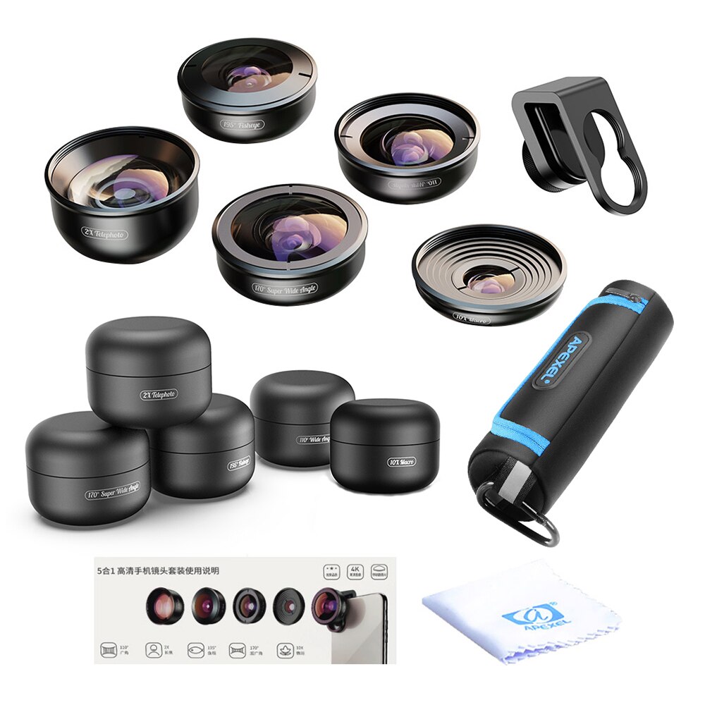 5in1 Hd Mobiele Telefoon Lens Set Fisheye 110 ° Groothoek 170 ° Super Groothoek 10x Macro-2x telelens 195 ° Lens Voor Iphone