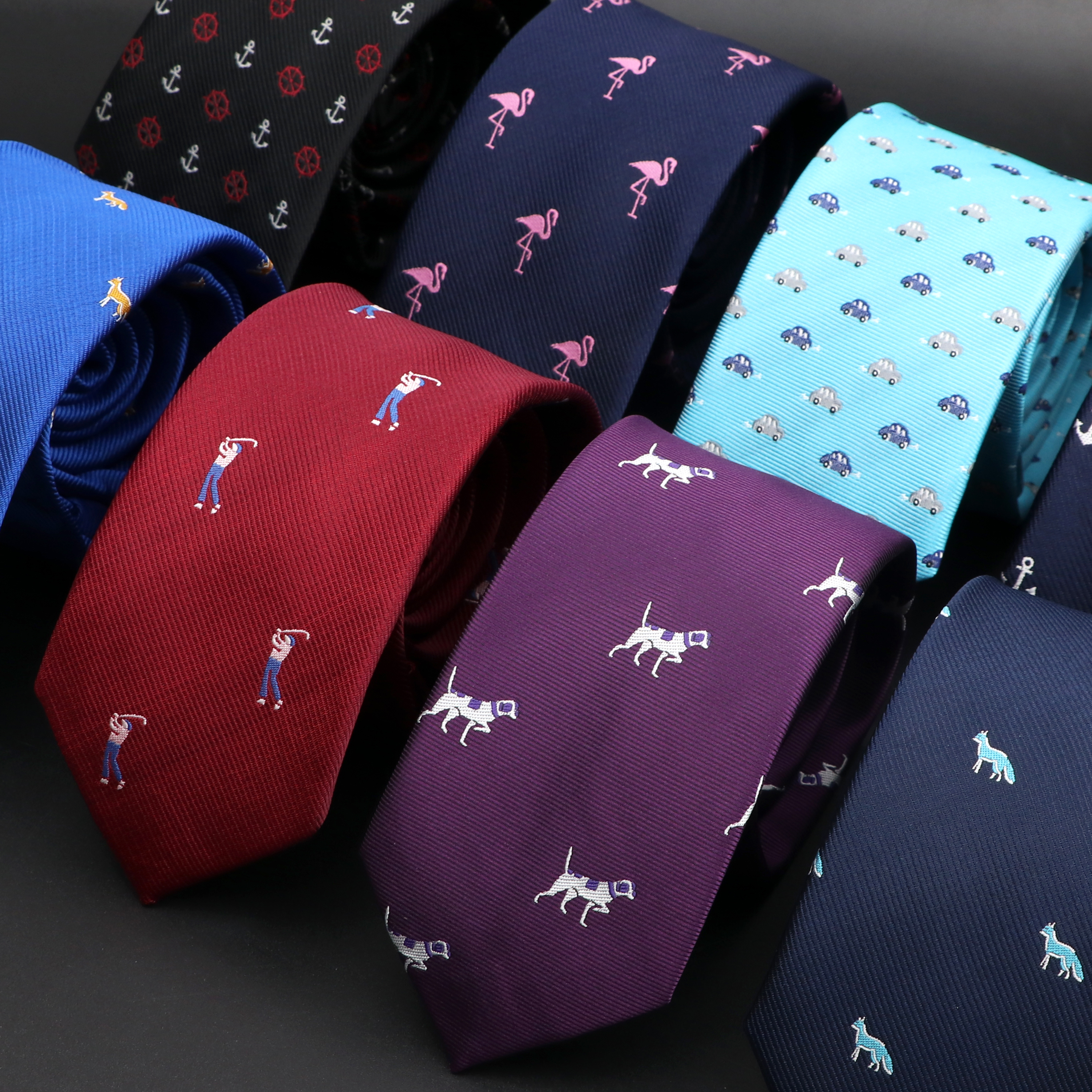 Jacquard 6cm corbata delgada para hombres coche perro mono patrón corbata rojo azul púrpura uso diario corbata de de boda