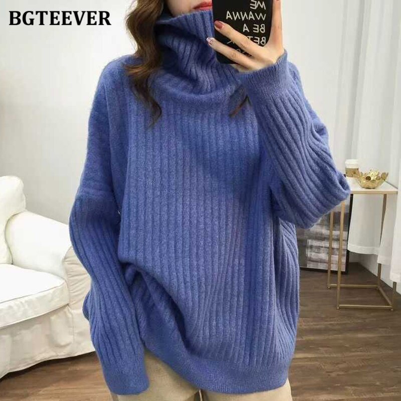 Bgteever Elegante Losse Coltrui Thicken Vrouwen Trui Mode Lange Mouw Vrouwelijke Trui Truien Winter Breien Trui: blue