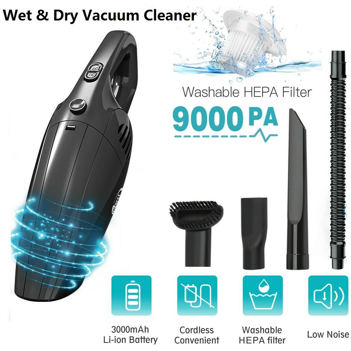 9000pa Portable HandHeld Vacuum Cleaner Cordless Home Car Pet Hair Rechargeable Car Vacuum Cleaner Wet&Dry 120W Cleaner