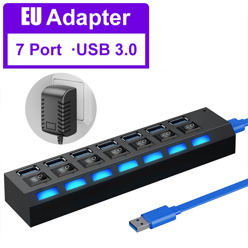 HUB USB 3.0 à plusieurs ports avec interrupteur, répartiteur pour PC, adaptateur d&#39;alimentation multiple USB 2.0: USB3.0 7Port With EU