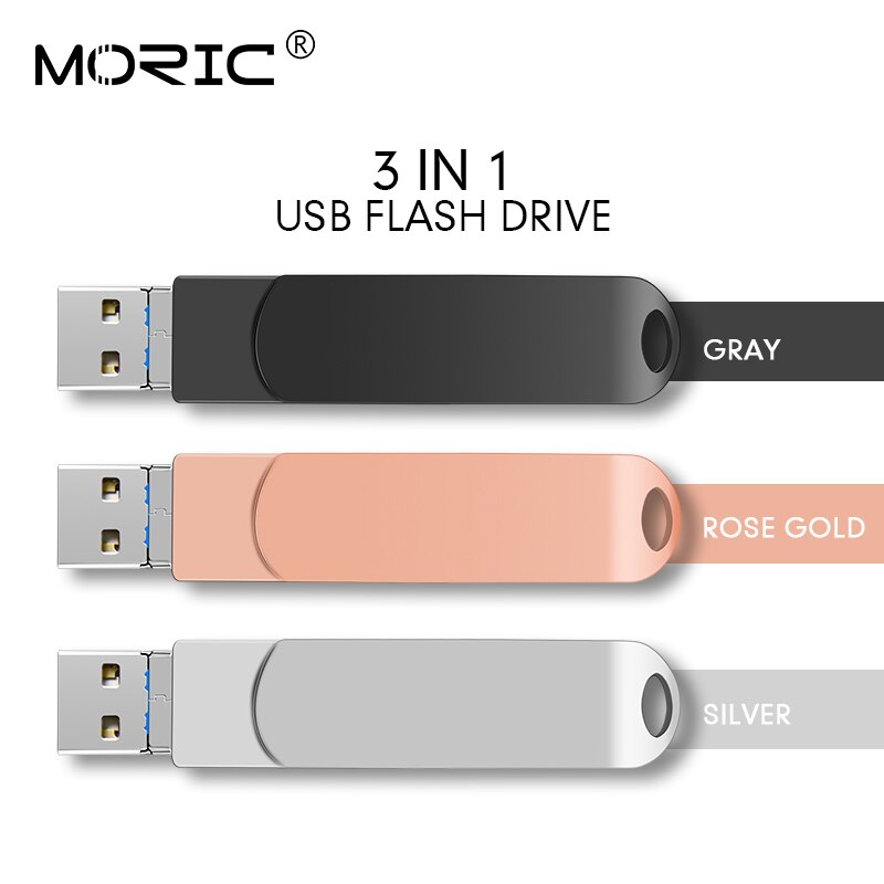 IOS 3 in 1 chiavetta USB in metallo 128gb tipo-c Pendrive 32gb 64gb USB 2.0 Flash Disk per iPhone X/8 Plus/8/7 Plus Memory Stick USB