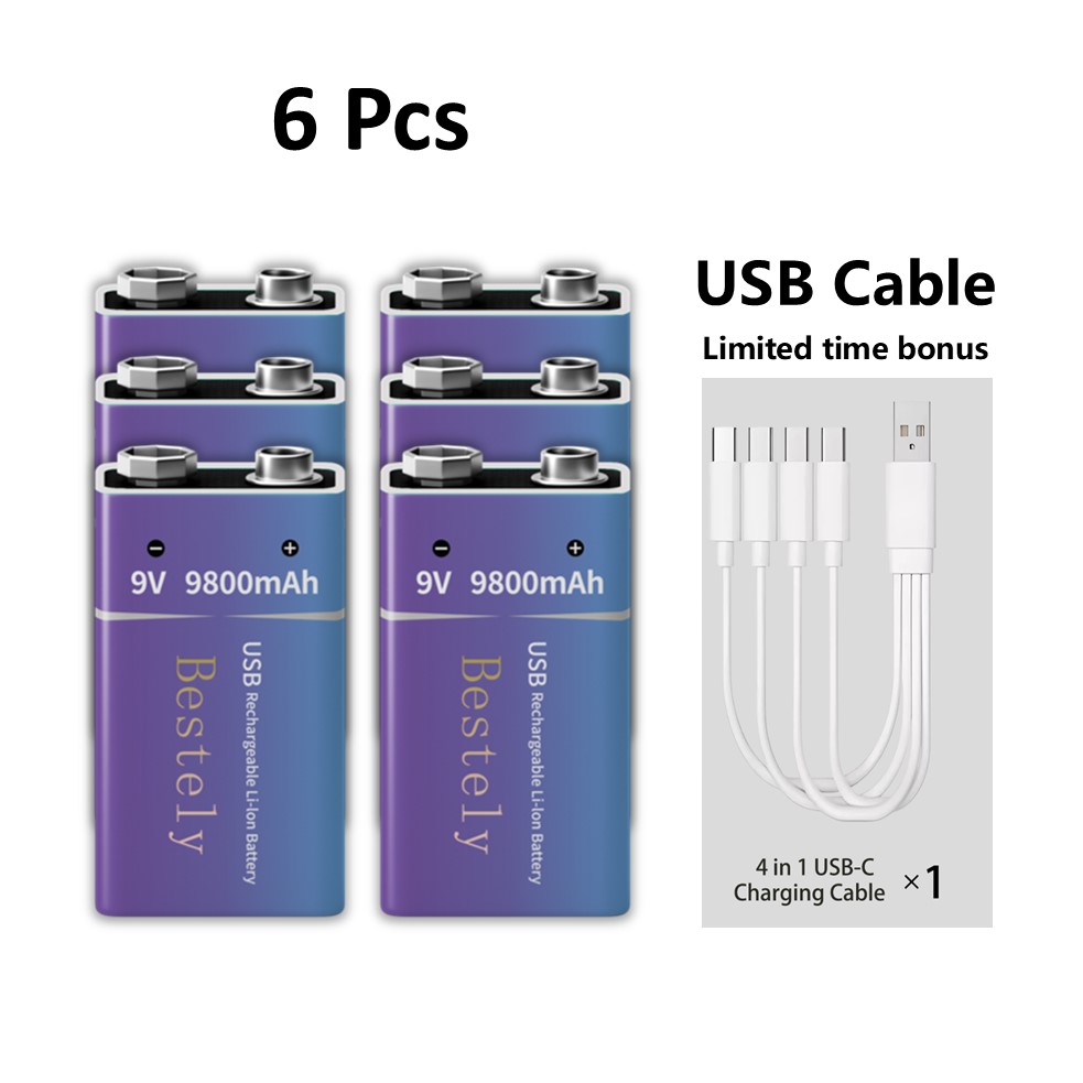 Baterías recargables estándar de 9 voltios, batería de litio tipo C de 9 V de gran capacidad de 9800 mAh, batería de autodescarga baja precargada: Rosa