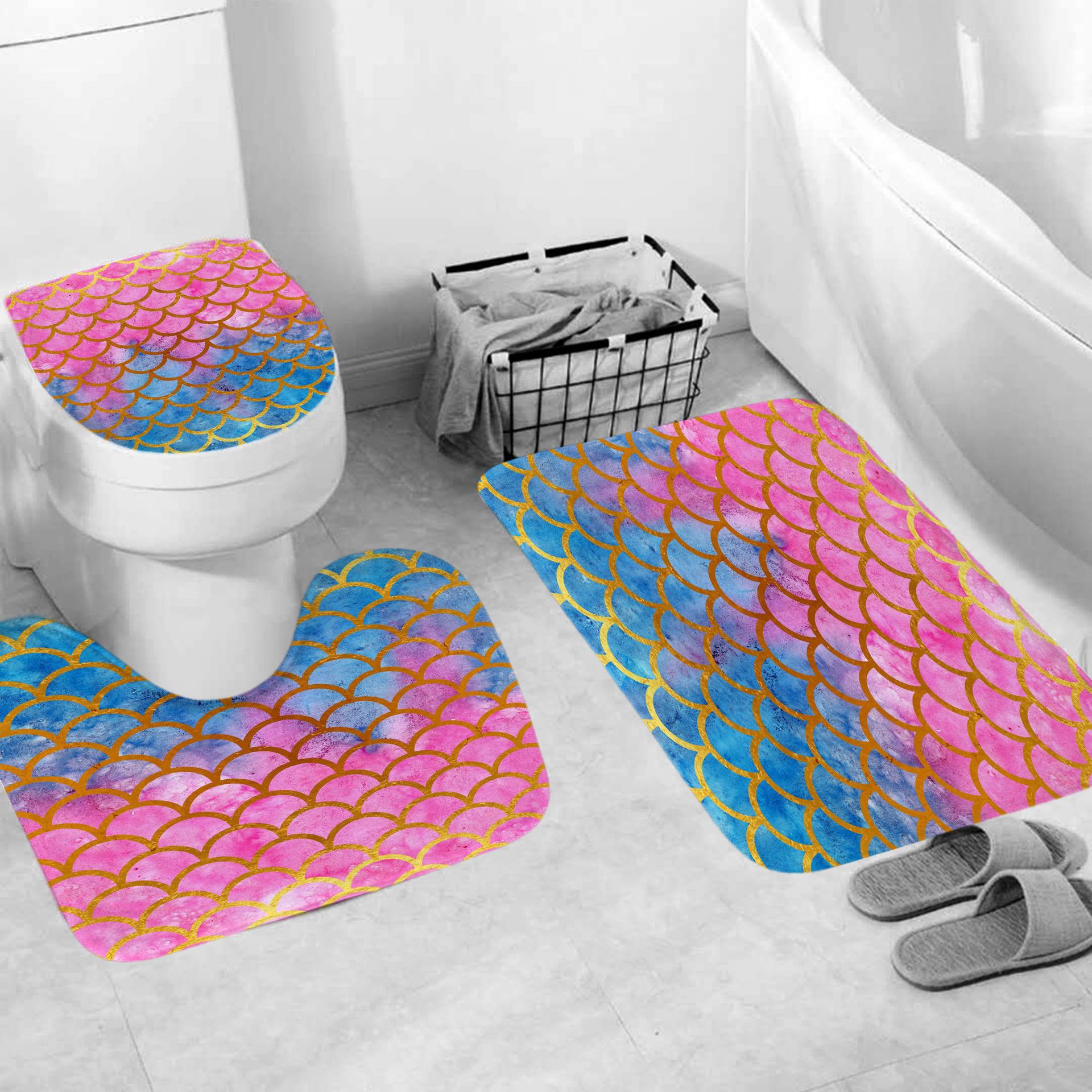 Sirène écailles géométrique étanche rideau de douche 4 pièces salle de bain ensemble tapis couverture toilette couverture bain tapis Pad décor à la maison