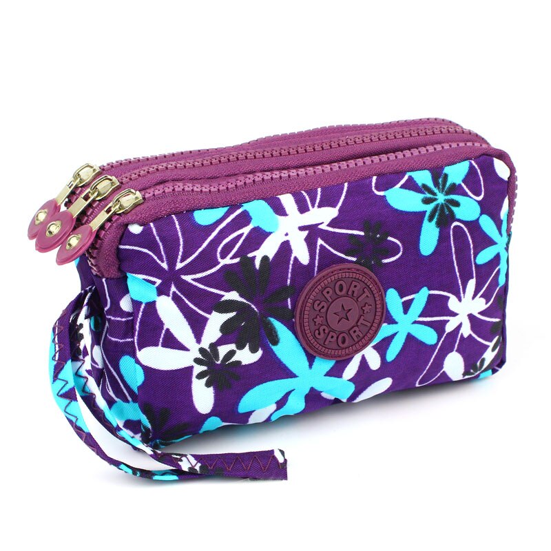 Cartera de tela de lona con 3 cremalleras para mujer, monedero de flores, bolso de mano, billetera para niña