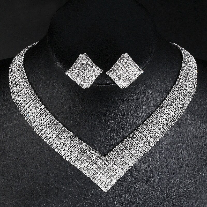 Conjuntos de joias luxuosas de cristal, para casamento, pérolas africanas, cor prata, strass, mulheres, meninas, colar, festa de noivado, presente: 3