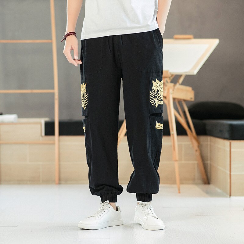 Homme Dragon broderie Style chinois coton lin Bloomers hommes décontracté large jambe pantalon sarouel japonais Streetwear: 2 / L