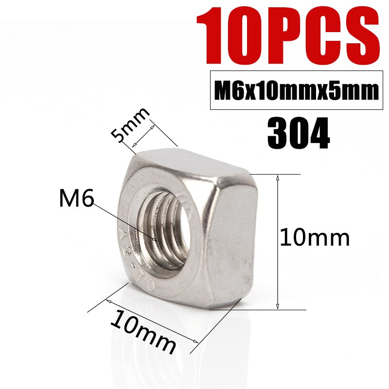 M3 M4 M5 M6 M8 M10 M12 Square Nut 304 Stainless Steel Metric Threaded Square Nuts Foursquare Quadrate Nut: SF6x10x5x10