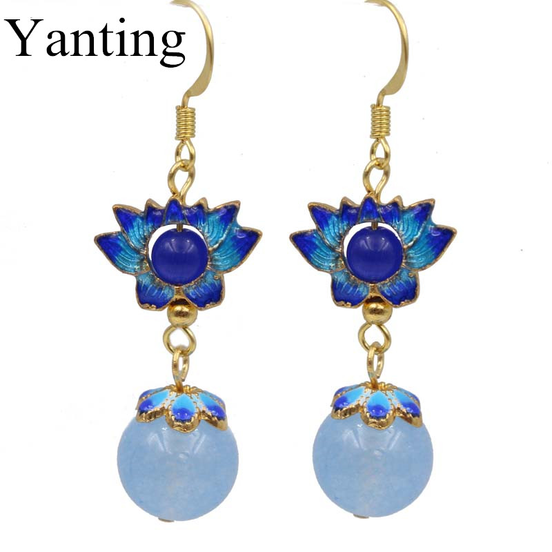 Yanting Cloisonne orecchini di loto per le donne perle di calcedonio blu orecchini dei monili di modo etnico orecchini regalo di compleanno 087