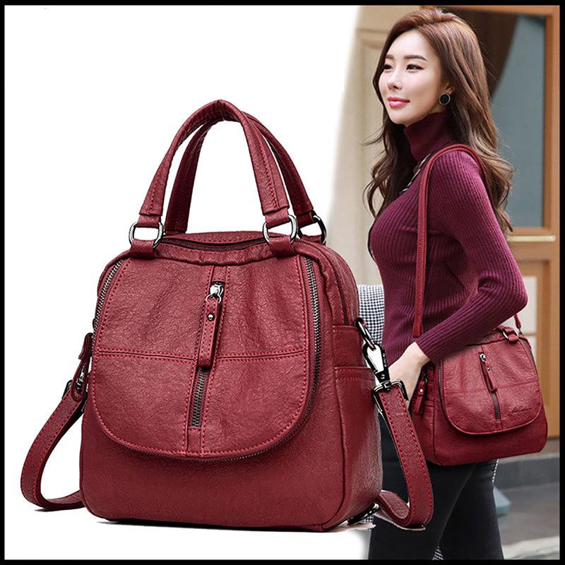 Multifunctional Black Red Women Backpacks Shoulder Crossbody Bags for Girl Bookbags Solid Small Schoolbags Travel Bag