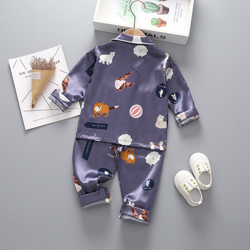 Conjuntos de pijama para niños y niñas, camisas con una botonadura de manga larga y cuello de solapa con estampado de animales, para otoño,