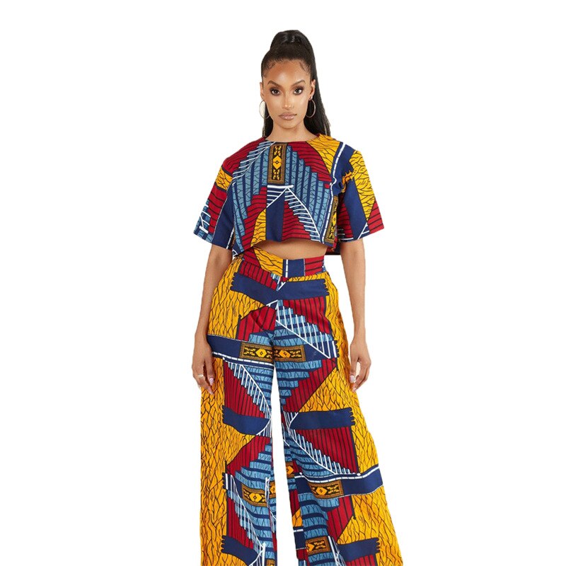 Tvådelat set afrika kläder afrikanska dashiki blomtryck kostym topp byxor super elastisk fest för kvinnor outfits