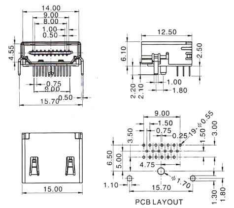 HDMI socket 19P three-row pin HDMI female socket 90 degree curved plug-in welding plate HD TV socket interface