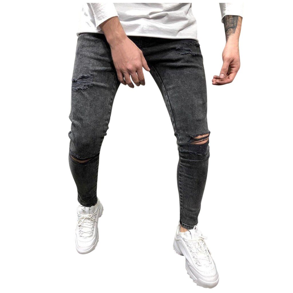 Mens Cool Brand Black Jeans Skinny Ripped Destroyed Stretch Slim Fit Hop Hop Pants With Holes For Men #g3: XL