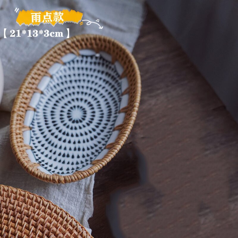 Plato de empalme de porcelana de ratán, platos de cerámica de postre de fruta hechos a mano, platos de almacenamiento para el hogar, plato de baratija ovalado, Producto respetuoso con el medio ambiente: 21x13x3cm