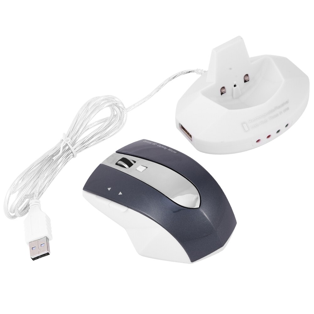 Wireless 2.4GHz Rechargeable Wireless Optical Mouse Gaming Mice w/ Charging Dock Stand USB Hub: White