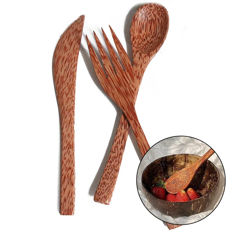 Natuurlijke kokosnoot houten handgemaakte lepel vork mes voor eten voor dessert fruitsalade mengen houten handgemaakt kokosnoot servies