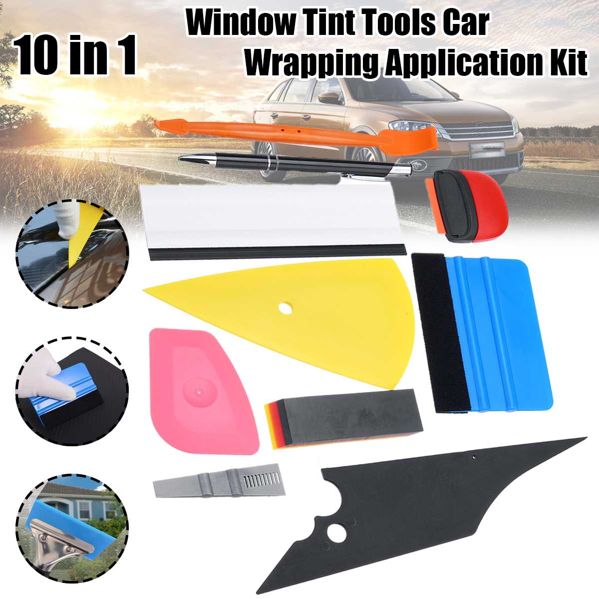 10/12/14Pcs Carbon Fiber Vinyl Wrap Auto Tool Kit Window Tint Gereedschap Car Wrapping Toepassing Kit auto Venster Zuigmond Schraper Tool: Bruin