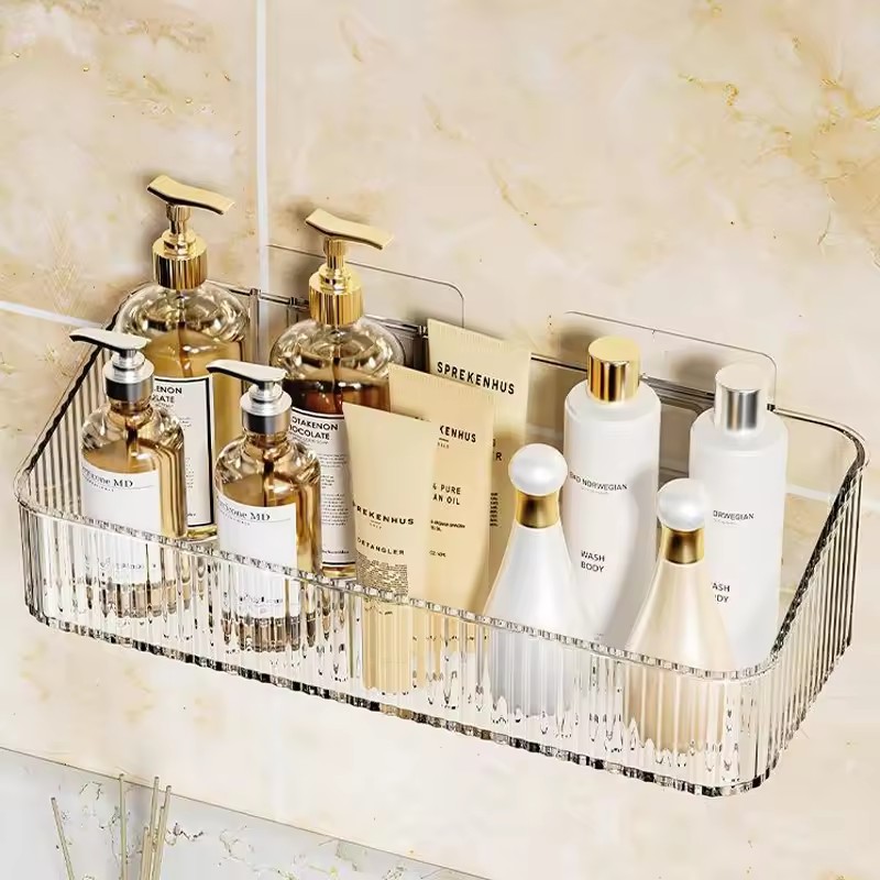 Rack de armazenamento de cosméticos montado na parede de canto plástico sem furo necessário organizador para acessórios de banheiro
