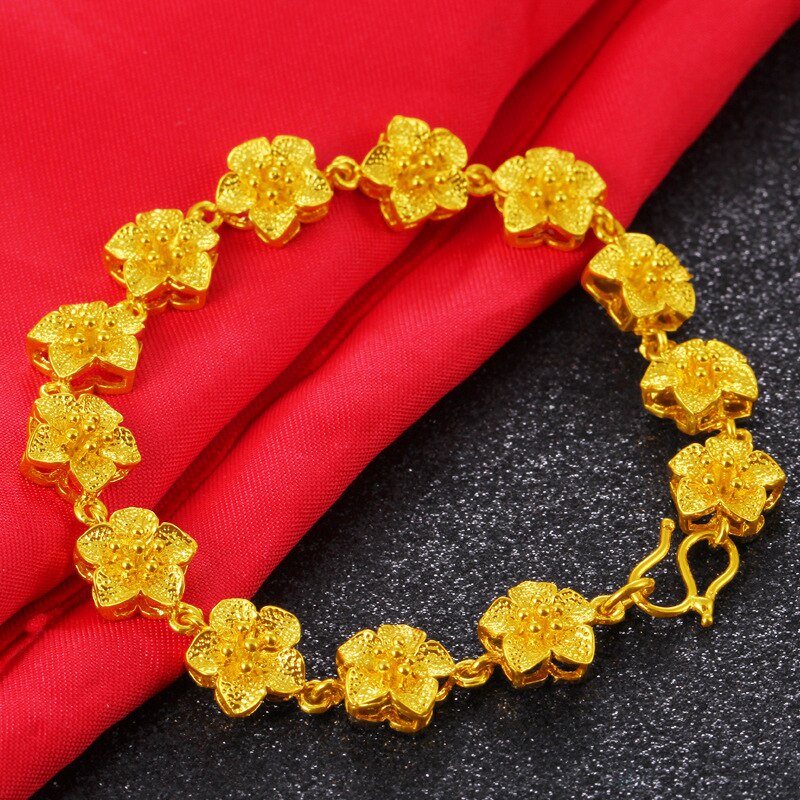 24k Vietnam Alluvial Gold Hand Chain for Women Brass Rose Flower Chain Charm Bracelets Bangle Jewelry